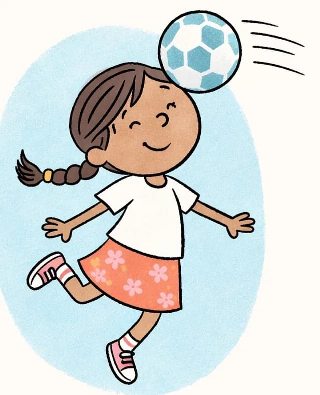 On the left side of the image, Header Girl is mid-jump, leaping into the air with one leg kicked back and her arms slightly out to the sides for balance. She has a confident, proud smile with her eyes closed as she heads a soccer ball with the top of her forehead. The soccer ball is shown with motion lines indicating it has just been struck and flies off fast. The background is a soft blue oval spotlight behind her against a plain white backdrop, with a subtle shadow/reflection beneath her feet.
