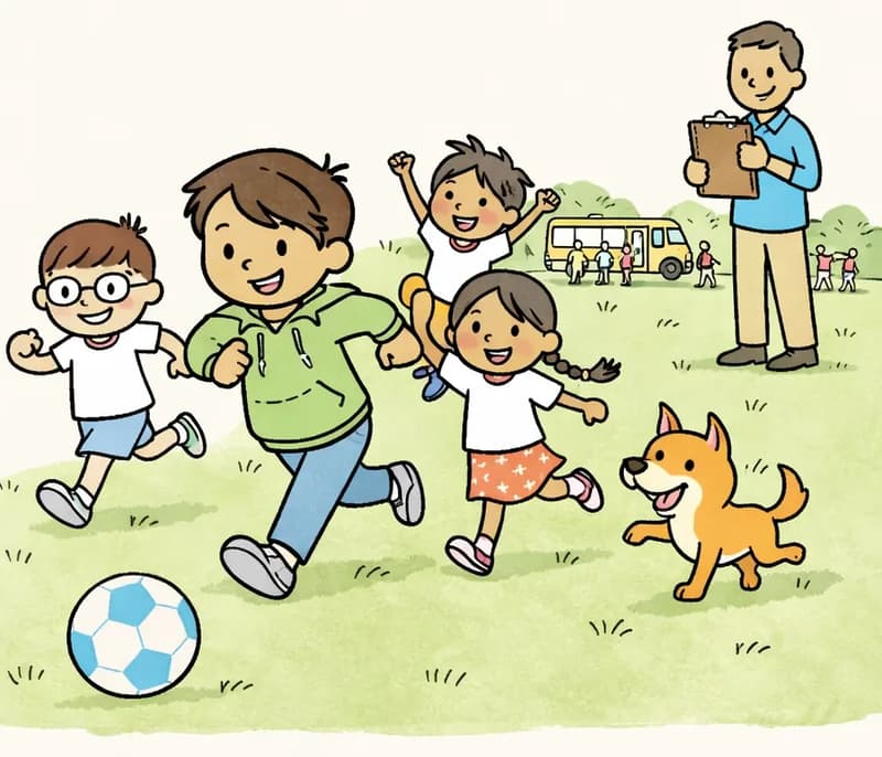 On the right side of the image, Narrator Boy leads the group running forward on a grassy field, mid-stride with a determined and excited expression, chasing a blue-and-white soccer ball in the foreground. Boy with Glasses runs just behind him to the left, arms pumping, looking energized. Girl with Braids runs alongside the group with a cheerful expression. High Kicker Boy is among the cluster of kids running behind Narrator Boy, fists raised in excitement. Header Girl runs in the group as well, smiling eagerly. The Dog trots happily beside the group on the right, mouth open in a cheerful pant. On the far right edge, a coach stands on the sideline watching the team with a clipboard, smiling encouragingly. In the distant background, a school bus is visible pulling up near the edge of the field, with a group of opposing players gathering near it. The scene is set outdoors on a sunny day on a green soccer field with oak and maple trees and blue sky in the background. The left ~40% of the image is plain light background reserved for text.