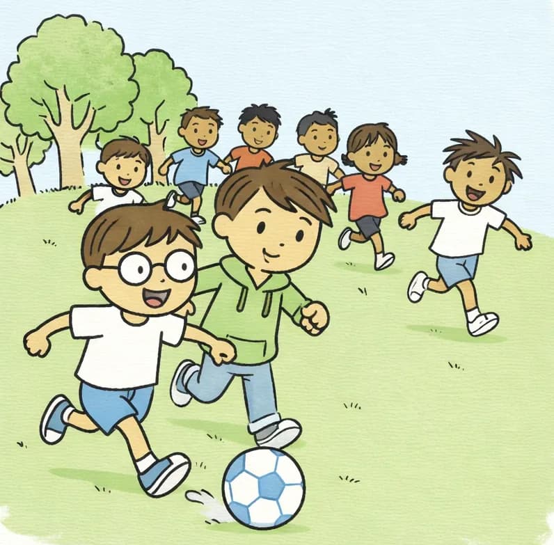 On the left side of the image, Boy with Glasses pushes forward in the foreground with a determined expression, passing a soccer ball across the grassy field with a strong kick. Narrator Boy runs closely behind him, looking focused and competitive, ready to receive or support. Behind them, a group of players from both teams jostle and run together up a green hill, with Header Girl and Girl with Braids among them, all with intense, determined expressions. High Kicker Boy is visible further back in the pack, mid-stride. Several opposing team players in different-colored jerseys run alongside the squad. The scene is set outdoors on a sunny day in a suburban park with large oak and maple trees in the background against a clear blue sky. The right side of the image fades to plain white background.