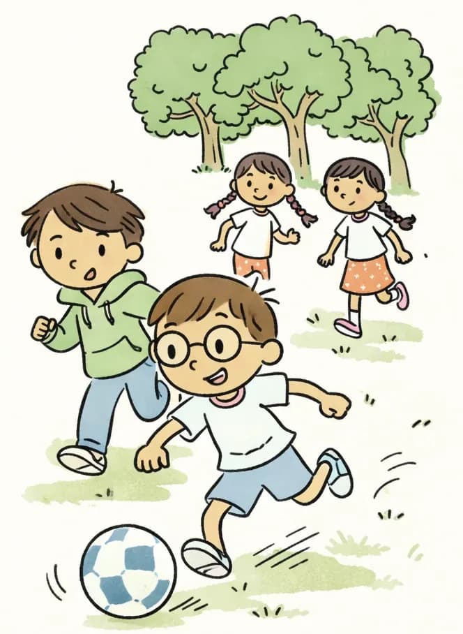 On the right side of the image, Boy with Glasses leads the charge in the foreground, stretching out his leg to reach a soccer ball just in time with a focused expression. Just behind him, Narrator Boy sprints with a competitive, determined look, arms pumping as he chases the ball. In the background on the right, Girl with Braids runs with an eager expression, while Header Girl is visible further back, also in motion. All four characters are running across a grassy outdoor field on a bright, sunny day, with leafy oak and maple trees behind them. The soccer ball bounces in the lower-right foreground with motion lines indicating fast play.