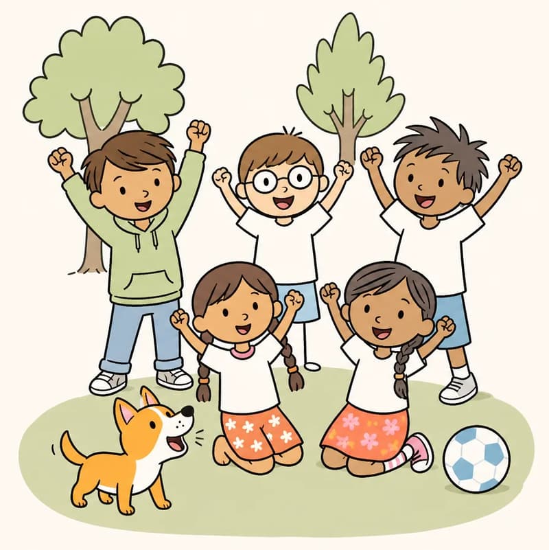 On the left side of the image, all six characters are grouped together on a grassy field in a celebratory pose under a clear blue sky. Narrator Boy, Boy with Glasses, and High Kicker Boy stand at the back with their arms raised triumphantly in the air, grinning widely. In front of them, Girl with Braids and Header Girl kneel or crouch, also with arms up and beaming smiles. A soccer ball rests on the ground beside the group. The Dog sits at the front-left of the group, head tossed back, mouth open and barking joyfully. Oak and maple trees are visible behind the group in a suburban park setting. The right ~40% of the image is plain white background.  The Dog should be on all fours.