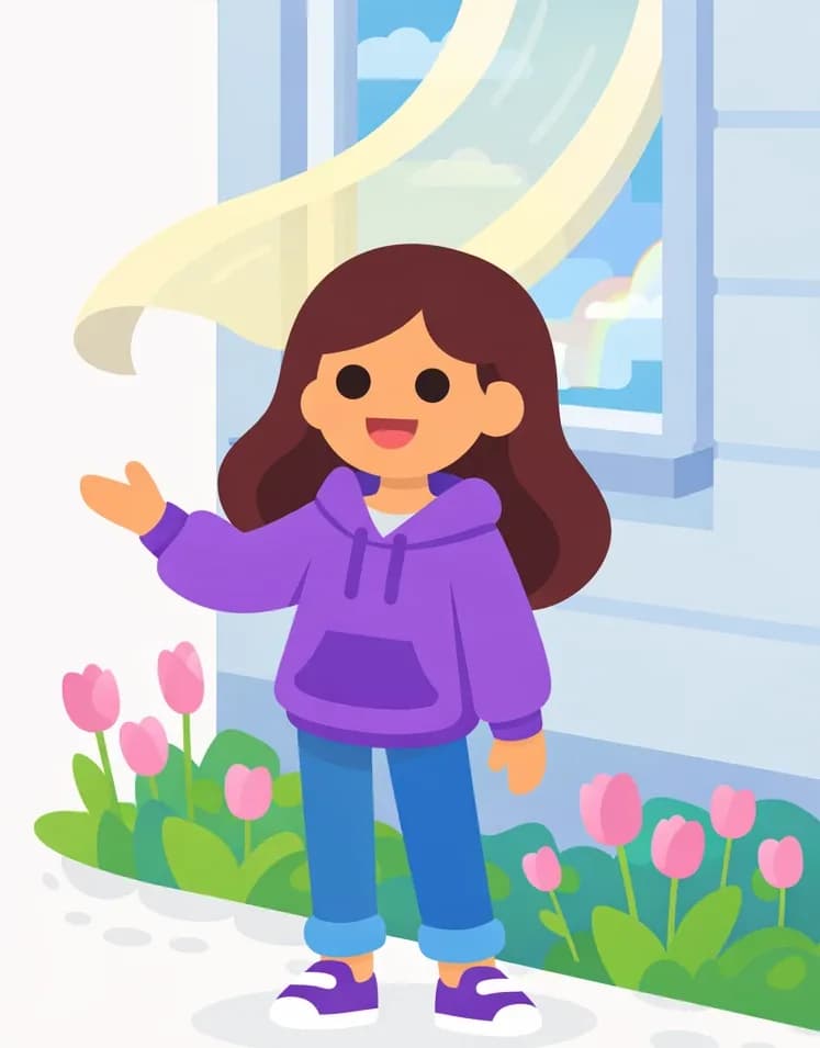 On the right side of the image, Girl stands outside near a window of a suburban house, smiling happily with one hand extended outward as if feeling the breeze or gesturing at the clearing weather. She is surrounded by pink tulips in a flower bed along the side of the house. A sheer curtain billows out from the open window above her, caught by the wind, and the sky beyond shows brightening conditions after recent rain. Girl is positioned compactly on the right with open space on the left for text overlay.