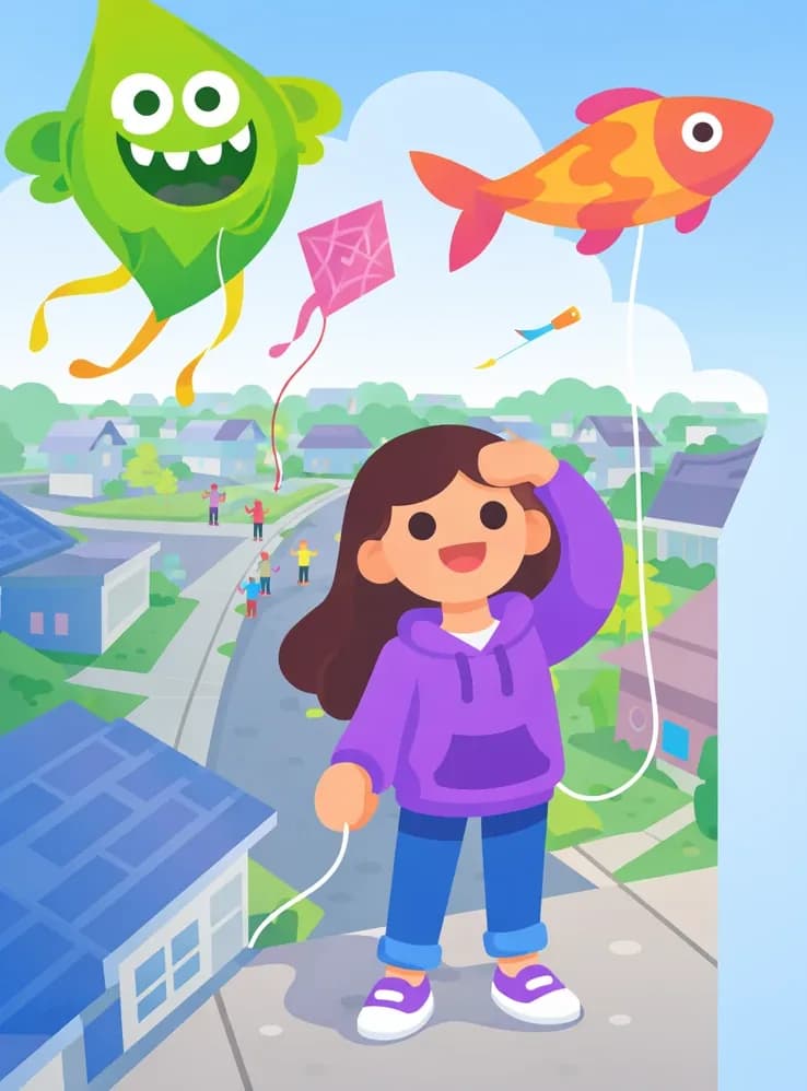 On the left side of the image, Girl stands on a suburban American street, smiling and looking up at the sky with one hand raised to shield her eyes, holding a kite string in her other hand. The scene is viewed from a high angle looking down, showing neighborhood rooftops and sidewalks. Several colorful kites fill the upper-left sky — a large green monster kite with big teeth and a darting fish-shaped kite are prominent — while small figures of other children can be seen flying kites in the background along the street. The right ~40% of the image is open bright sky for text overlay.