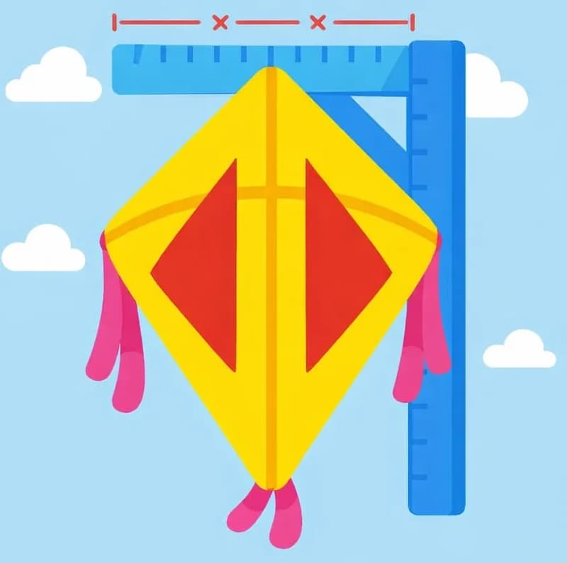 On the right side of the image, a large yellow diamond-shaped kite with a red diamond pattern and pink ribbon tails is displayed against a light blue sky with small white clouds. A blue L-shaped ruler (square ruler) is positioned along the top and right edge of the kite, with red measurement markings along the top showing equal distances, emphasizing the symmetry and precise dimensions needed to build the kite. The left side of the image is open sky with a few scattered clouds.