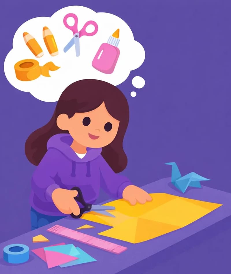 On the left side of the image, Girl sits at a table or work surface, leaning forward with a happy, focused smile as she works on cutting out paper shapes for her kite. She holds scissors in one hand while pressing down on a large sheet of paper with the other. The table is covered with craft supplies including a ruler, tape, colored paper, and an origami figure. Above her head is a thought bubble filled with crafting tools — scissors, tape, pencils, and a bottle of glue — showing her planning out what she needs. The scene is set indoors against a plain purple-blue background, with the right side of the image left clear.