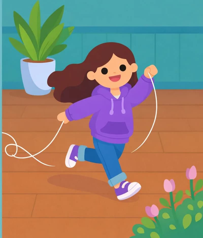 Girl is on the right side of the image, running joyfully through an indoor room with a big smile on her face, one hand raised holding a long piece of string that trails and loops behind her across the floor. Her hair flows back with the motion of her running. The setting is indoors with wooden flooring, a large potted plant in the background, teal-colored walls, and a flower bed visible in the bottom-right foreground. The left side of the image is plain background.