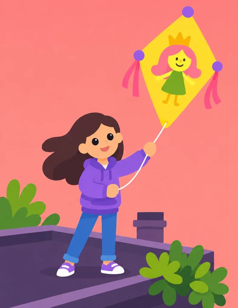 On the left side of the image, Girl stands on a rooftop, smiling with her arms raised joyfully as she flies a large yellow diamond-shaped kite. The kite soars triumphantly above her, displaying a child's crayon drawing of a smiling pale yellow-skinned troll queen with pink hair and a green dress wearing a crown.  Her long dark brown hair and hoodie drawstrings blow in the wind, and her face beams with pride and excitement. The scene is set outdoors on a suburban rooftop at sunset, with a warm orange-pink sky in the background and green plants visible along the roof's edge. The right side of the image is open sky.