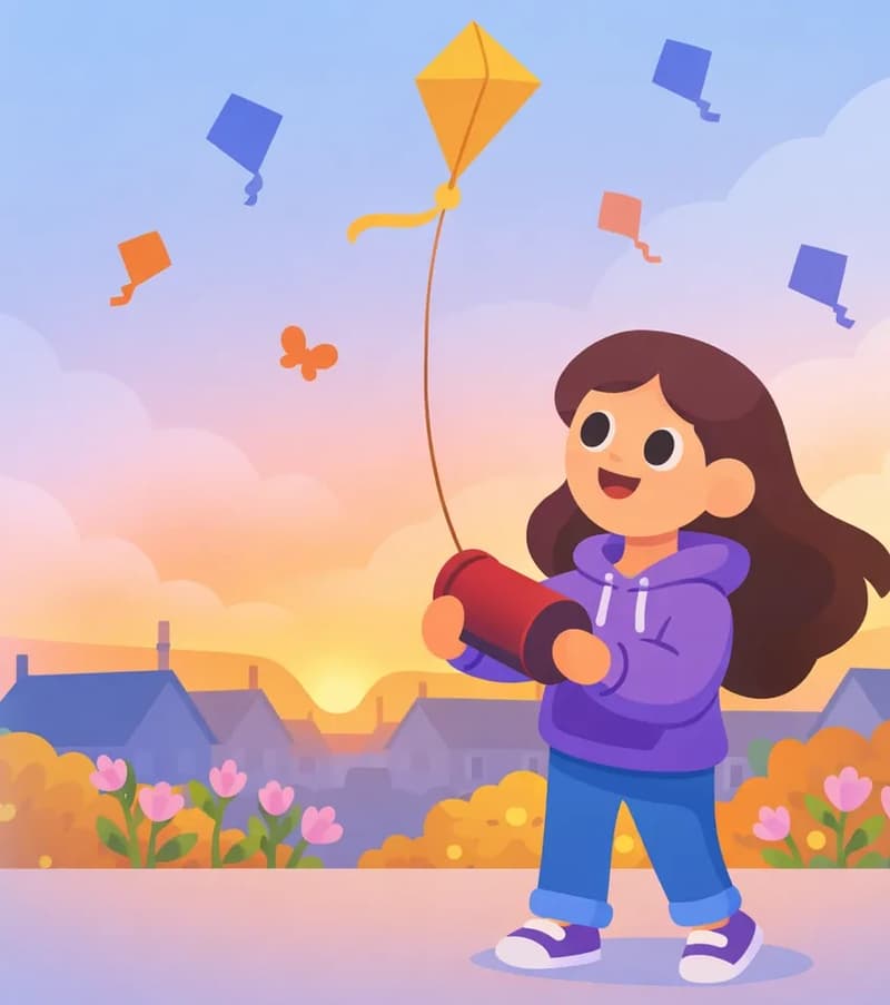 On the right side of the image, Girl stands at a three-quarter angle facing slightly left and toward the viewer, looking up at the sky with an excited, determined expression. She holds a kite spool out in front of her, flying her kite upward. The scene is set outdoors in the late afternoon with a warm sunset glowing along the horizon behind a suburban roofline silhouette. Several other kites of various shapes dot the sky above, with Girl's yellow diamond kite climbing past them. Pink flowers and warm-toned bushes line the middle ground in front of the houses. An orange butterfly flutters in the sky near the center of the image.
