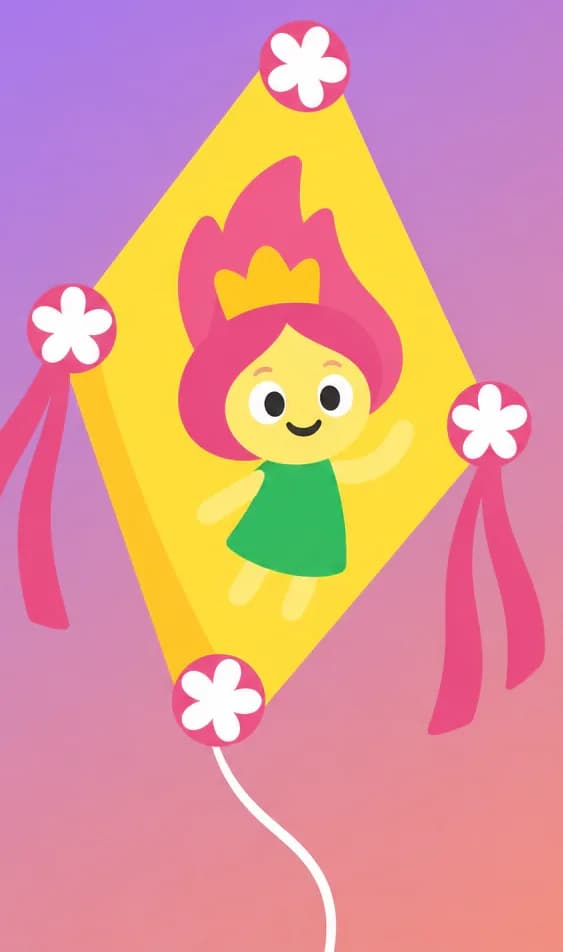 On the left side of the image, a yellow diamond-shaped kite flies against a soft sunset sky of pinks, purples, and oranges. The kite displaying a child's crayon drawing of a smiling pale yellow-skinned troll queen with pink hair and a green dress wearing a crown. A white string trails from the kite's bottom toward the lower right. The right side of the image is open sky, providing clear space for text overlay.
