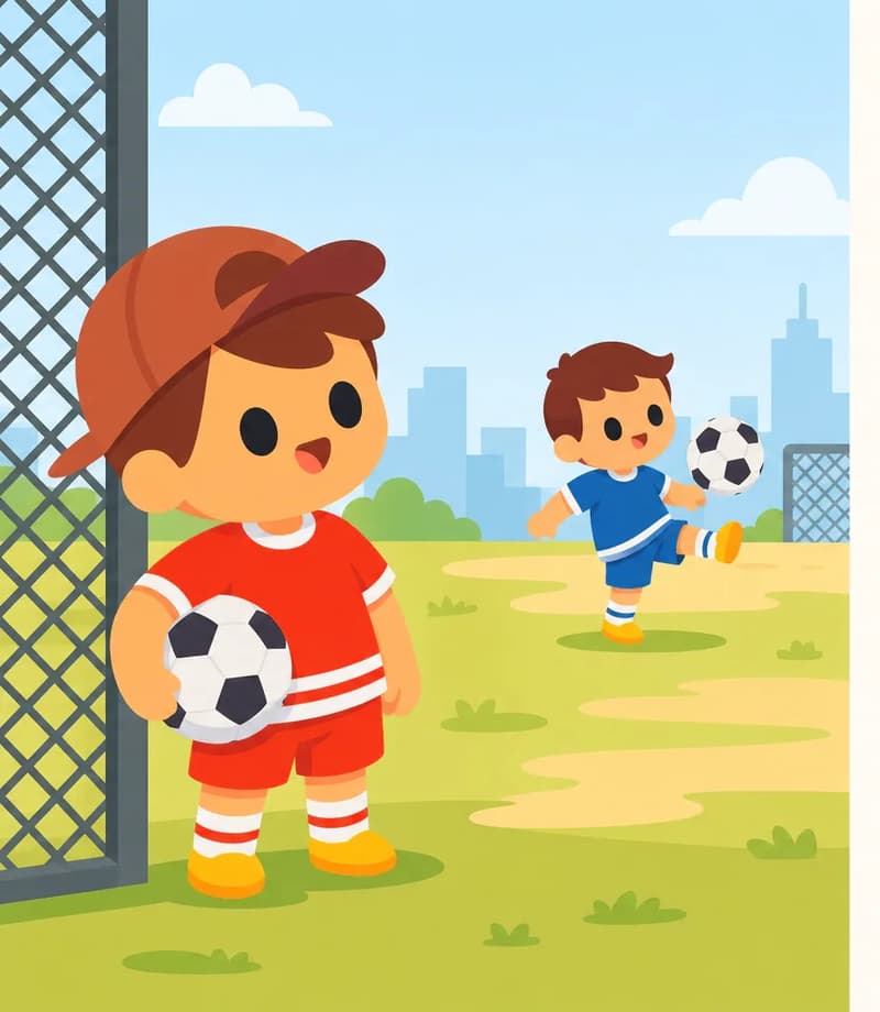 On the left side of the image, Jojo stands in the foreground facing the viewer at a three-quarter angle, holding a soccer ball under one arm and looking through a chain-link fence toward the field. He wears a red short-sleeve shirt, red shorts with white horizontal stripes, a dark reddish-brown baseball cap worn backwards, white socks, and yellow shoes. In the middle-left, Fafa is on the field kicking a soccer ball in mid-air, with a focused expression, wearing a blue short-sleeved soccer jersey, blue shorts, white socks, and yellow cleats. The scene is set outdoors on a sunny day at a suburban soccer field with patchy grass, a chain-link fence, and a city skyline faintly visible in the background. The right ~40% is plain sky/white background.  Fafa is wearing a blue jersey and blue shorts, not red.