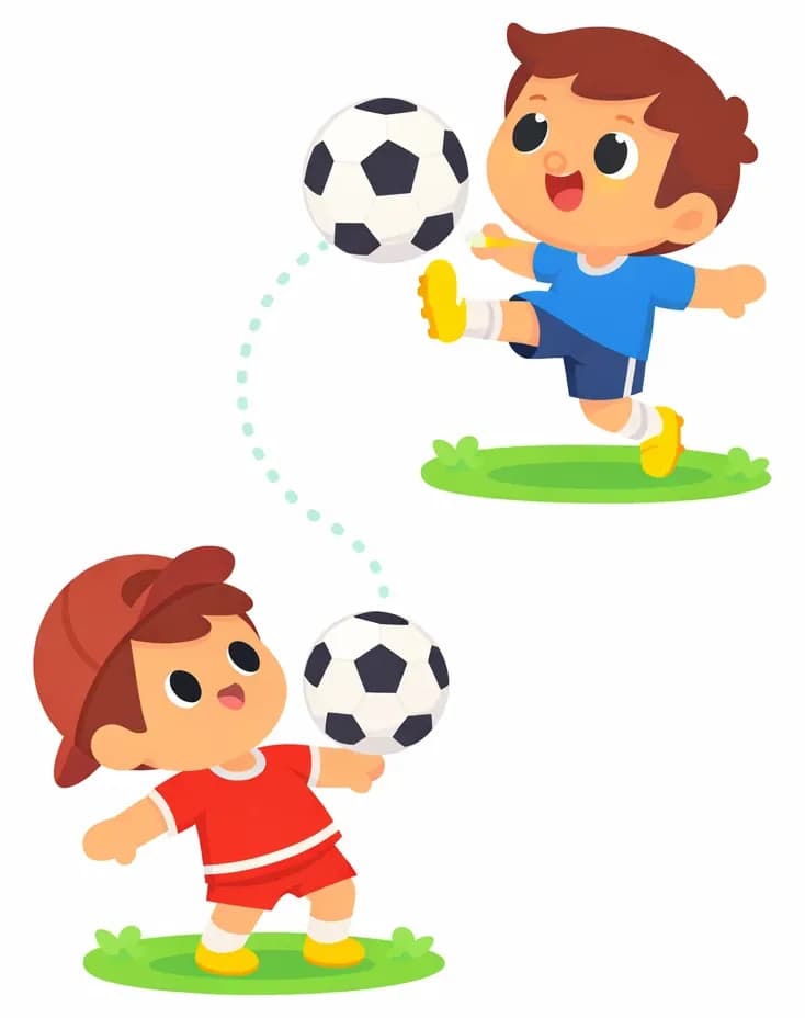 On the right side of the image, Fafa is shown in the upper-right kicking a soccer ball with one leg extended, mouth open with an excited expression, wearing a blue short-sleeved soccer jersey, blue shorts, white socks, and yellow cleats. Below and slightly left of center, Jojo stands facing upward at a three-quarter angle with a focused expression, chest puffed out as the soccer ball arrives at his chest, arms slightly back to receive it, wearing a red short-sleeve shirt, red shorts with white horizontal stripes, a dark reddish-brown baseball cap worn backwards, white socks, and yellow shoes. A dotted arc traces the ball's path from Fafa's kick down to Jojo. Both characters are shown in individual vignettes set on a grassy outdoor field, with the left side of the image left as plain white background.