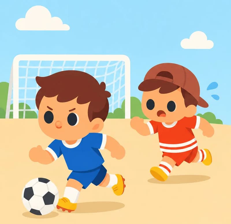On the left side of the image, Fafa dribbles a soccer ball with a focused, determined expression, running swiftly across a dirt soccer field, wearing a blue short-sleeved soccer jersey, blue shorts, white socks, and yellow cleats. Behind him and slightly to the right, Jojo chases after Fafa with a strained, hopeless look on his face, clearly struggling to keep up, wearing a red short-sleeve shirt, red shorts with white horizontal stripes, a dark reddish-brown baseball cap worn backwards, white socks, and yellow shoes. A soccer goal net is visible in the background, and the outdoor scene is set under a bright daytime sky.  There is no number on Fafa's jersey.