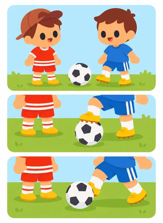 On the right side of the image, a sequence of three stacked comic-style panels shows a close-up of Fafa's feet in yellow cleats and blue shorts skillfully controlling a soccer ball on a grassy field, while Jojo's legs in red shorts with white stripes, white socks, and yellow shoes stand nearby watching. The top panel shows the ball between both characters' feet, the middle panel shows Fafa trapping the ball with one foot, and the bottom panel shows Fafa moving the ball to the other foot — depicting the fluid foot-to-foot ball control described in the text. The left ~40% of the image is plain white background, leaving space for text overlay.  Fafa is wearing a blue shirt, not red.