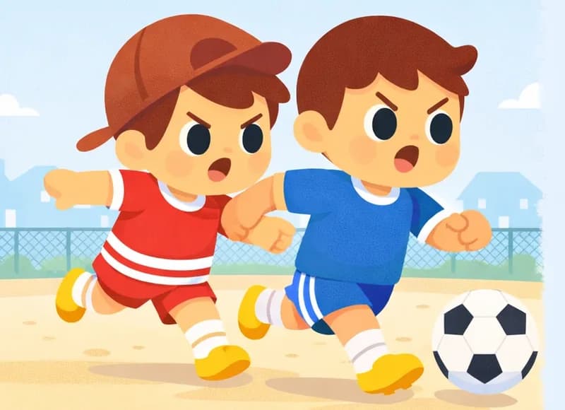 On the left side of the image, Fafa is running forward with the soccer ball at his feet, looking determined and focused as he dribbles past, wearing a blue short-sleeved soccer jersey, blue shorts, white socks, and yellow cleats. Just behind him, Jojo is chasing and reaching forward with a frustrated, determined expression, trying to tackle the ball away, wearing a red short-sleeve shirt, red shorts with white horizontal stripes, a dark reddish-brown baseball cap worn backwards, white socks, and yellow shoes. The two are on a dusty suburban soccer field with a chain-link fence and houses visible in the background under a clear blue sky.