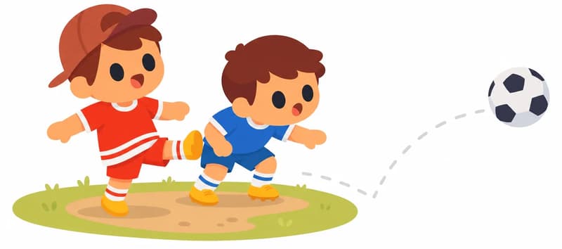 In the lower-left of the image, Jojo and Fafa stand together on a patch of grass and dirt. Jojo has just kicked the soccer ball, which is flying away to the right along a dashed trajectory arc. Jojo stands with a surprised, open-mouthed expression, looking in the direction the ball is traveling, wearing a red short-sleeve shirt, red shorts with white horizontal stripes, a dark reddish-brown baseball cap worn backwards, white socks, and yellow shoes. Fafa is crouched slightly beside Jojo, leaning forward with an arm extended, watching the ball with a startled expression, wearing a blue short-sleeved soccer jersey, blue shorts, white socks, and yellow cleats. The top half of the image is plain white background.  Fafa has a blue shirt and blue shorts, not red.  There should be no image on the top half of the page.