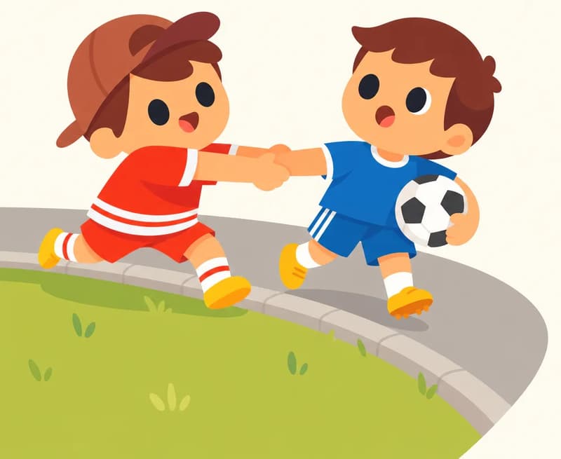 On the left side of the image, Jojo is lunging forward with a determined, brave expression, grabbing Fafa by the hand and pulling him off a suburban road onto the grassy curb. Jojo wears a red short-sleeve shirt, red shorts with white horizontal stripes, a dark reddish-brown baseball cap worn backwards, white socks, and yellow shoes. Fafa looks surprised and grateful, holding a soccer ball under one arm as he is tugged to safety, wearing a blue short-sleeved soccer jersey, blue shorts, white socks, and yellow cleats. The scene is set outdoors on a daytime suburban street with a paved road curving behind them and a grassy shoulder in the foreground. The right side of the image is plain light background.