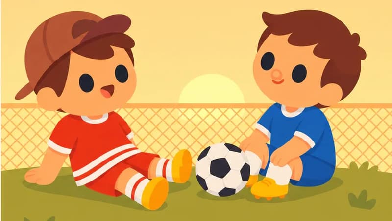 On the right side of the image, Jojo and Fafa sit together on a grassy hill beside a chain-link fence at a soccer field during golden-hour sunset. Fafa is seated facing at a three-quarter angle toward the viewer, turned to look at Jojo, wearing a blue short-sleeved soccer jersey, blue shorts, white socks, and yellow cleats. Jojo sits beside him leaning back, his head tilted upward with a tired, relieved expression, legs stretched out, wearing a red short-sleeve shirt, red shorts with white horizontal stripes, a dark reddish-brown baseball cap worn backwards, white socks, and yellow shoes. A soccer ball rests on the ground between them. The warm orange sky and soft clouds create a calm, end-of-day atmosphere.  There is no number on Jojo's jersey.