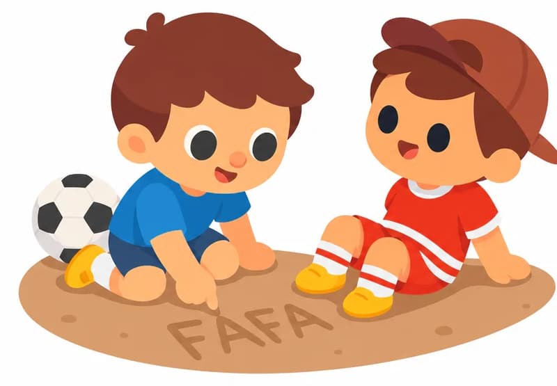 On the upper left, Fafa and Jojo sit on the ground facing each other on a patch of dirt. Fafa smiles and writes the name 'FAFA' in the dirt.  'FAFA' should be visible in the dirt in big letters. He has a soccer ball resting behind him, wearing blue shorts, white socks, and yellow cleats. Jojo sits across from him, leaning back slightly on his hands, looking at Fafa with interest, wearing a red short-sleeve shirt, red shorts with white horizontal stripes, a dark reddish-brown baseball cap worn backwards, white socks, and yellow shoes. The right side of the image is plain white background.  Fafa is wearing a blue shirt, not a red one.