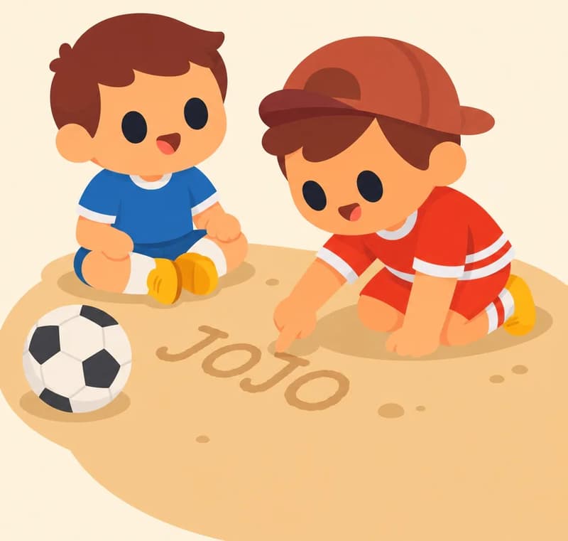 On the right side of the image, Jojo is crouching down on a patch of dirt, seen from a three-quarter angle, using his finger to spell out 'JOJO' in the ground. He wears a red short-sleeve shirt, red shorts with white horizontal stripes, a dark reddish-brown baseball cap worn backwards, white socks, and yellow shoes. A soccer ball rests on the dirt nearby. Jojo has a focused posture as he carefully traces the letters, with a small smile forming. The scene is set outdoors in warm daylight with a soft, sandy-colored ground. Fafa sits nearby watching Jojo write, wearing a blue short-sleeved soccer jersey, blue shorts, white socks, and yellow cleats.  Fafa is wearing a blue shirt and blue shorts, not red, and there is no number on his shirt.