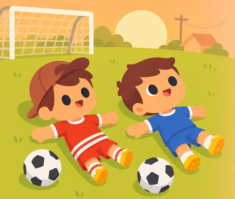 On the left side of the image, Jojo and Fafa are lying on their backs on a soccer field, gazing up at the sky with content, happy expressions. Jojo wears a red short-sleeve shirt, red shorts with white horizontal stripes, a dark reddish-brown baseball cap worn backwards, white socks, and yellow shoes. Fafa wears a blue short-sleeved soccer jersey, blue shorts, white socks, and yellow cleats. Two soccer balls rest on the ground near them. The scene is set outdoors on a suburban soccer field at sunset, with warm golden-pink light flooding the sky and goal nets visible in the background. The right side of the image opens into soft, hazy sky with no characters or detail.  Fafa is wearing a blue jersey and shorts, not a red one, and has no number on his jersey.