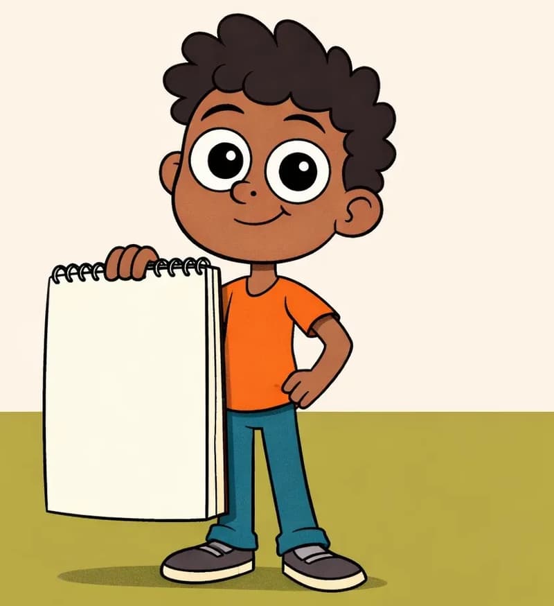 On the right side of the image, Paul stands holding a large art book or sketchpad upright in front of him, gripping it with one hand. He has dark brown skin, short curly black hair, and large round eyes with prominent white sclera and black pupils. He wears a bright orange short-sleeved t-shirt, teal-blue jeans, and gray sneakers with white soles. He has a content, gentle smile and looks directly at the viewer with wide, eager eyes. The scene is set indoors against a simple background with a warm cream-colored wall and an olive-green floor, leaving the left side clear and open.
