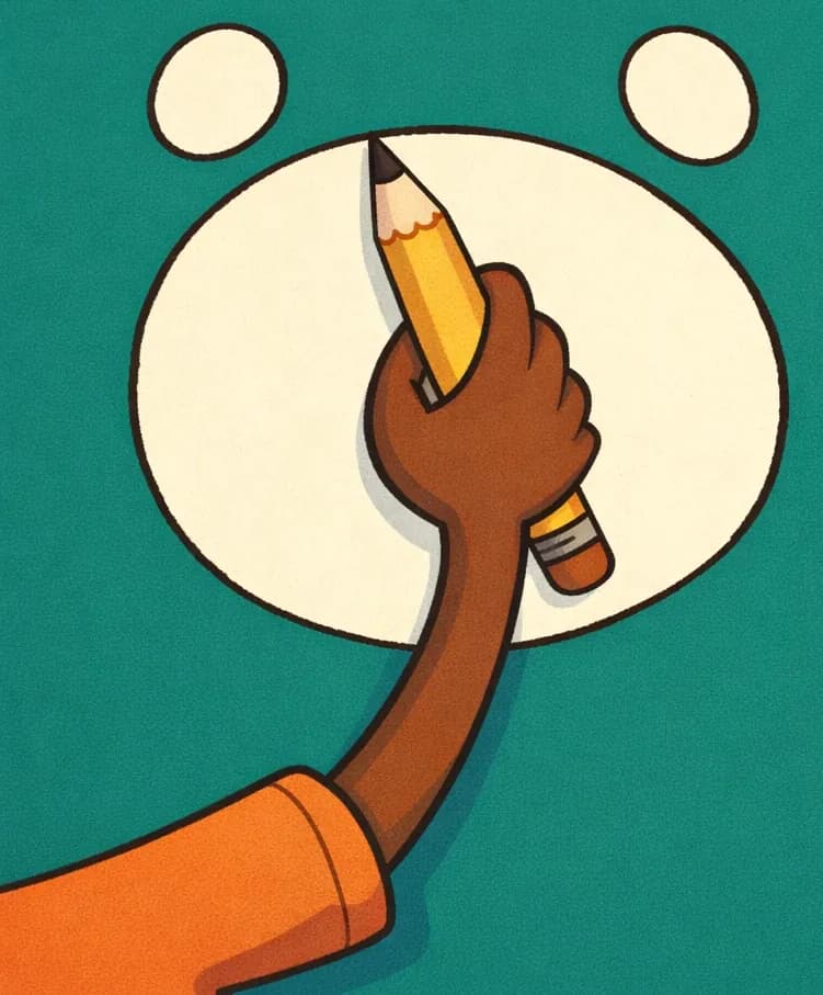 On the left side of the image, Paul's dark brown-skinned hand and arm reach up from the bottom-left corner, the edge of his bright orange t-shirt sleeve visible, gripping a yellow pencil. He is in the process of drawing three shapes on a teal-green background — a large circle with two smaller circles above it, forming an ambiguous figure that could become many things. The composition is a close-up of the drawing action, with the plain teal background open on the right side.