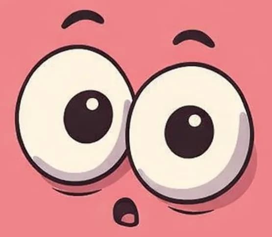 On a plain pink background, two large cartoon eyes with black outlines and dark pupils are positioned on the right-center of the image, staring outward with a wide, curious expression — as if they are the beginning of a drawing that Paul has just started sketching. The eyes look slightly surprised or bewildered, matching the page text's question about what has been drawn. The left side of the image is empty pink background.