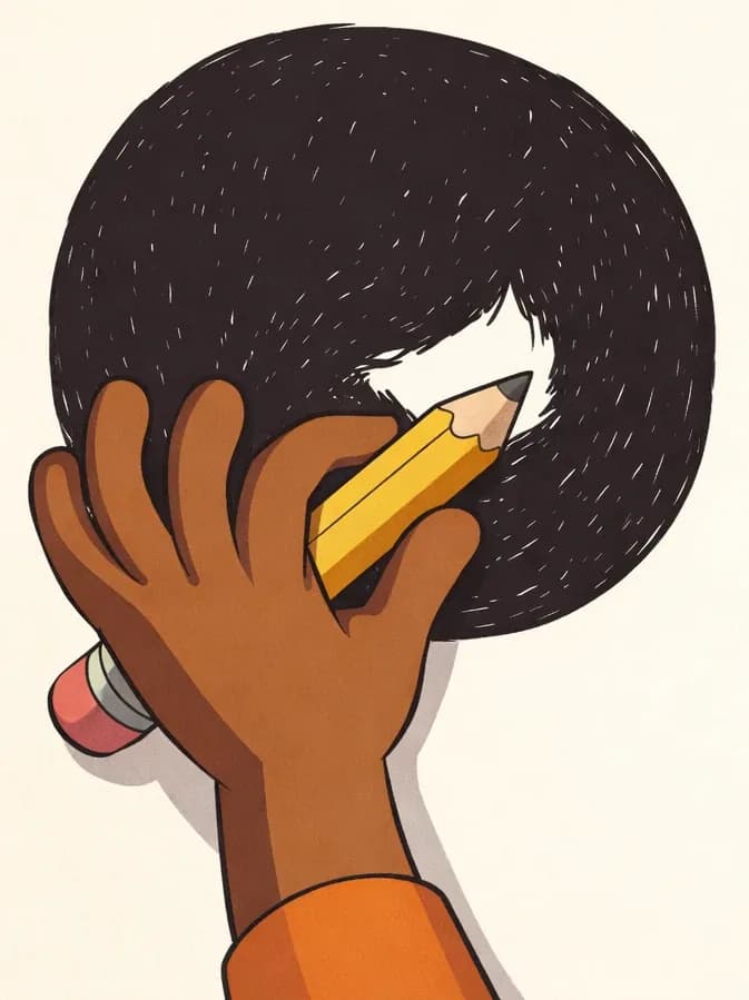 On the left side of the image, Paul's dark brown-skinned hand is shown in close-up, the edge of his bright orange t-shirt sleeve visible, gripping a yellow pencil and carefully filling in a large dark circle with neat, dense pencil strokes. His hand is steady and deliberate, with fingers wrapped firmly around the pencil as he colors within the lines. The background is a plain, light cream color, with the right side of the image left empty. The composition is a tight focus on just Paul's hand and the circle he is shading, emphasizing his concentration and precision.