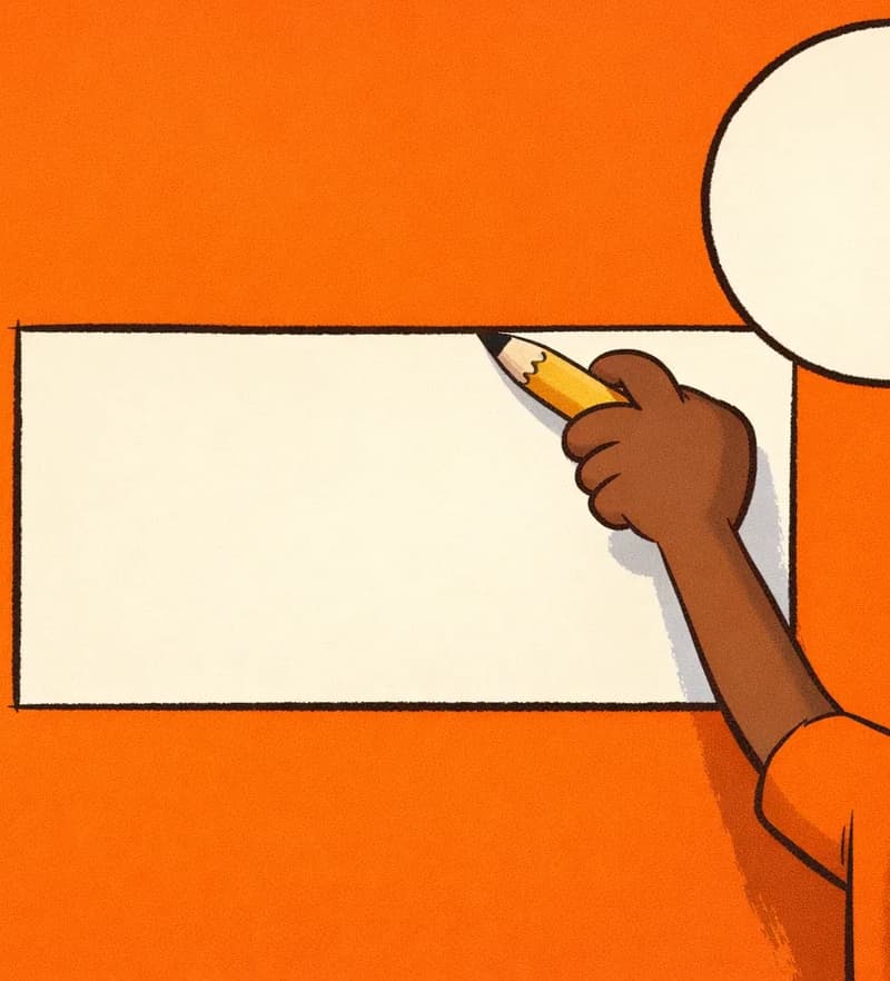 On the right side of the image, Paul's dark brown-skinned hand reaches up holding a yellow pencil, the edge of his bright orange t-shirt sleeve visible, drawing a large rectangle on a bright orange background. Next to the rectangle, a circle is partially visible in the upper-right corner — these are the shapes he has been drawing. The composition is a close-up of Paul's arm and hand in the act of sketching, conveying focused, deliberate creativity.