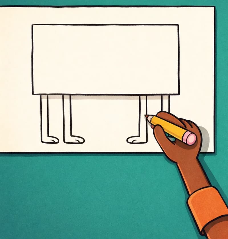 On the left side of the image, a large rectangular drawing is shown against a teal/green background — it depicts a simple shape with four legs and feet drawn beneath it, representing the 'living thing' Paul has been sketching. Paul's dark brown-skinned hand reaches up from the bottom center-left, the edge of his bright orange t-shirt sleeve visible, holding a yellow pencil, actively adding details to the drawing. The right side of the image is plain teal background. The composition suggests a close-up of Paul's artwork in progress, with only his drawing hand visible as he concentrates on making the legs symmetrical.