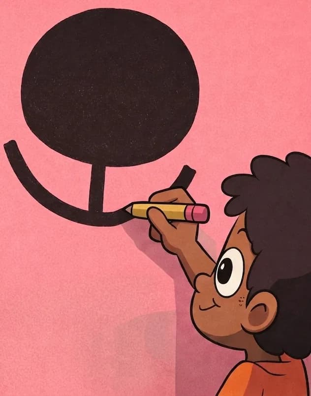 On the right side of the image, a large black circle sits against a solid pink background, with a bold curved smile line extending below it — forming the cat-like grinning face that Paul has been drawing. Paul's dark brown-skinned hand reaches up from the bottom-right, the edge of his bright orange t-shirt sleeve visible, holding a yellow pencil and actively adding the curved smile line. In the lower-right corner, the edge of an open laptop screen is partially visible, showing a reference photo Paul has been studying. The left side of the image is plain pink background.