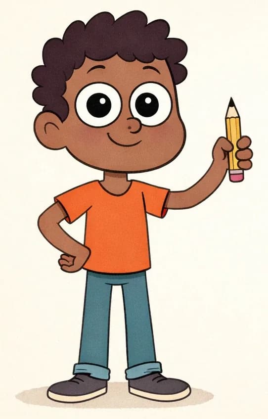 On the left side of the image, Paul is standing and holding up a yellow pencil in his right hand, smiling with a cheerful, eager expression as if ready to add something to his drawing. He has dark brown skin, short curly black hair, and large round eyes with prominent white sclera and black pupils. He wears a bright orange short-sleeved t-shirt, teal-blue jeans, and gray sneakers with white soles. The background is a plain, warm cream color, leaving the right side of the image open for text.