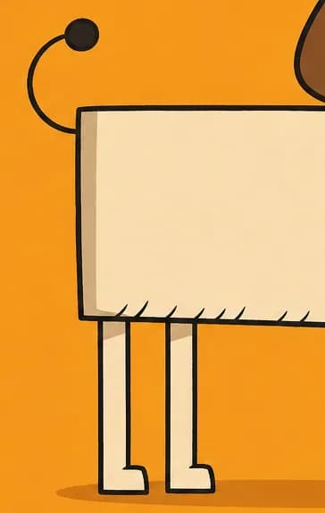On the right side of the image, a child's hand-drawn sketch of a cute dog stands facing the right of the page, rendered in a simple, charming style with a boxy rectangular body, stick-like legs, a curly tail, round floppy ears, wide happy eyes, a big black nose, and a smiling mouth. Short ink lines along its belly and muzzle suggest soft fur. The drawing sits against a bright orange background, with the left side of the image left as plain open space.