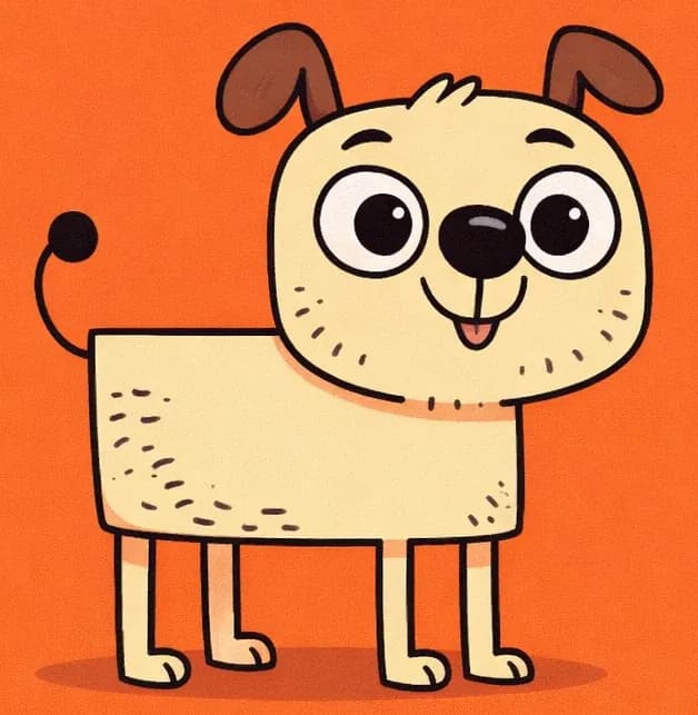 On the left-center of the image, a child's hand-drawn sketch of a cute dog stands facing the viewer, rendered in a simple, charming style with a boxy rectangular body, stick-like legs, a curly tail, round floppy ears, wide happy eyes, a big black nose, and a smiling mouth. Short ink lines along its belly and muzzle suggest soft fur. The drawing sits against a bright orange background, with the right side of the image left as plain open space.