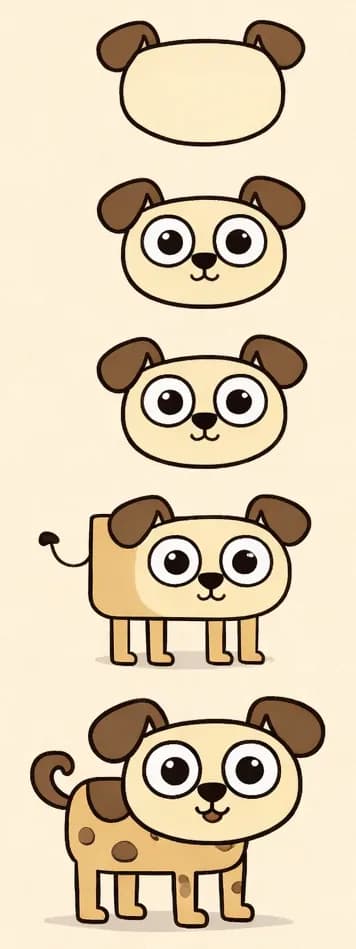 On the right side of the image, a step-by-step drawing tutorial shows how to draw a simple cartoon dog using basic shapes. The five sequential steps progress from a plain oval at the top, gradually adding ears, eyes, a nose, a rectangular body with a curly tail, and finally four legs with spotted markings — resulting in a cheerful, smiling dog standing and facing the viewer at the bottom. The left side of the image is plain warm beige background, left open for text. The style is simple black line art on a soft cream background, inviting children to follow along and draw their own.