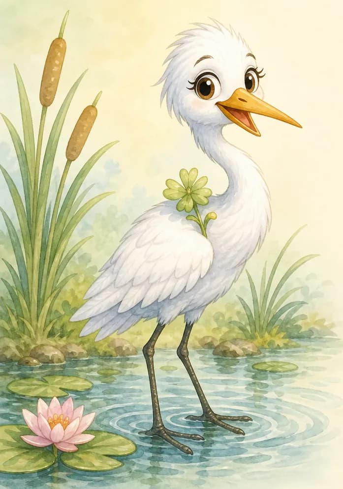 Introduce Gabriela. Show her standing in a shallow swamp or pond edge so her long legs are clearly visible, with her S-shaped neck curved and her pointy beak prominent. Gentle ripples in the water suggest she is near a swamp/stream/pond. Mood: calm, graceful introduction.