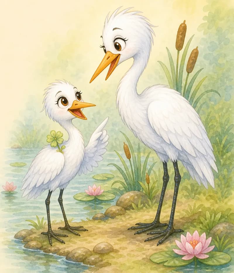 Gabriela stands at the edge of the wetland in the park, talking warmly with her mother heron. Gabriela's expression is bright and eager — she has just had her great idea. Her mother listens kindly. Mood: a sweet morning conversation full of new ideas.