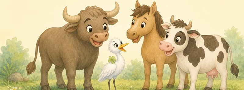 Gabriela stands in front of the three big farm animals — Eloy the ox, a horse and a cow — who are all welcoming her warmly. Gabriela tilts her head up at them, hopeful and friendly. The three large animals tower kindly above her. Setting: park grassland. Mood: a sweet first meeting.