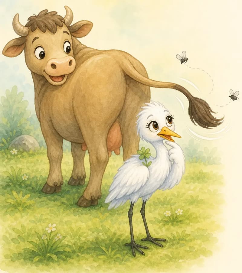 Gabriela stands attentively next to a cow or ox whose long tail is mid-swish, batting away a couple of small insects. Gabriela watches with a clever, observant expression — clearly thinking. Setting: park grassland. Mood: curious, thoughtful realization.