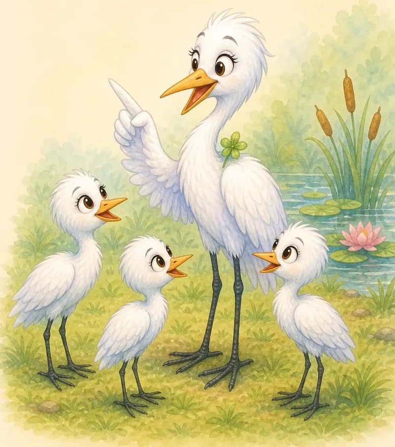 Gabriela stands among three small young herons in a teaching pose — perhaps gesturing toward an unseen cow with her beak or wing, while the three young herons listen attentively. Setting: park grassland near the edge of the wetland. Mood: warm teaching moment.
