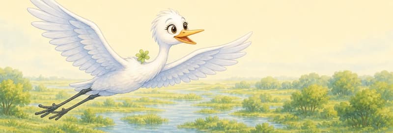 Gabriela in mid-flight, wings spread wide, long legs trailing behind, S-shaped neck extended forward. Her expression is content and reflective. Setting: open sky over the park. Mood: warm, satisfied closing page.