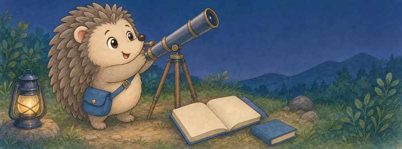 Enrique looking up through a small telescope, or examining a small star chart, with a curious, studious face. Soft sky or night background.