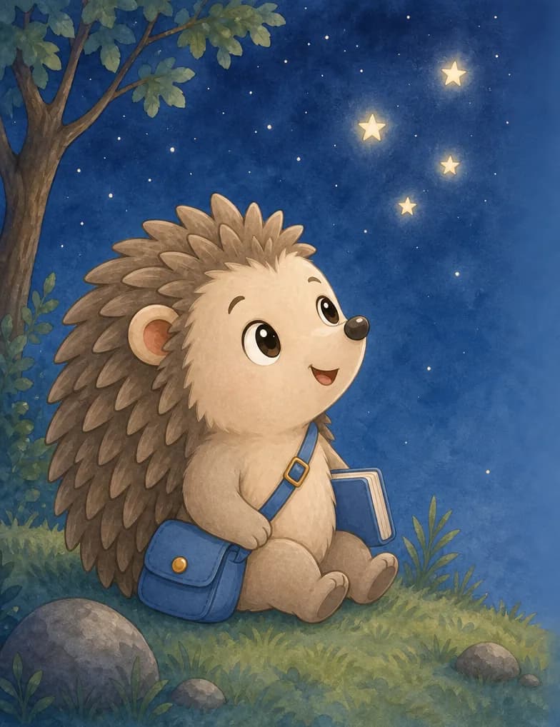 Enrique sits quietly looking up at a few stars in the night sky. He has a peaceful, contemplative expression. The stars are small and gentle.