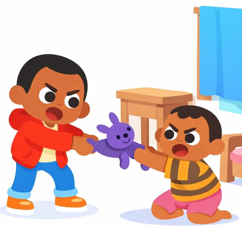 On the right side of the image, Brother stands leaning forward with an angry, frustrated expression, gripping a purple stuffed toy animal and pulling it away. Boy is on the far right, sitting/kneeling on the floor with an equally angry, upset expression, mouth open yelling, reaching up and holding onto the same purple toy — the two are locked in a tug-of-war over it. The scene is set indoors in a living room, with a wooden desk/table, a chair, and a window with a blue curtain visible behind them. The left side of the image is plain background.