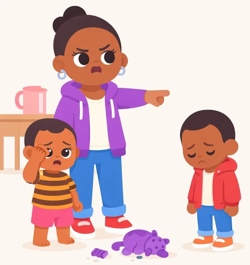 On the left side of the image, Mom stands in the center with a stern, frustrated expression, pointing firmly as she scolds the two boys. Boy stands to her left, rubbing his eye with one hand and looking upset, while Brother stands in front of Mom to the right, head down with a sulky, unhappy expression. A stuffed toy and broken pieces lie on the floor between them. The scene is set indoors in a living room, with a table and a pitcher visible in the background. The right ~40% of the image is plain background.