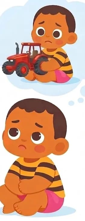 On the right side of the image, Boy sits barefoot on the ground with a wistful, slightly sad expression, looking off to the side. A small toy tractor sits on the ground beside him — his one prized possession. Above him is a thought bubble showing Boy sitting alone happily with a toy, representing his wish to have something just for himself. The scene is set against a plain white background.