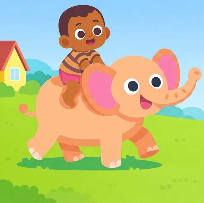 On the left side of the image, Boy sits astride Elephant's back, leaning forward with a happy, excited expression as he holds on. Elephant is walking through a grassy suburban yard, mid-stride with its trunk raised slightly and one front leg lifted. The scene is set outdoors on a bright, sunny day with a blue sky, green grass, and soft rolling hills in the background. The right portion of the image is open sky and distant landscape, clear of characters or detail.