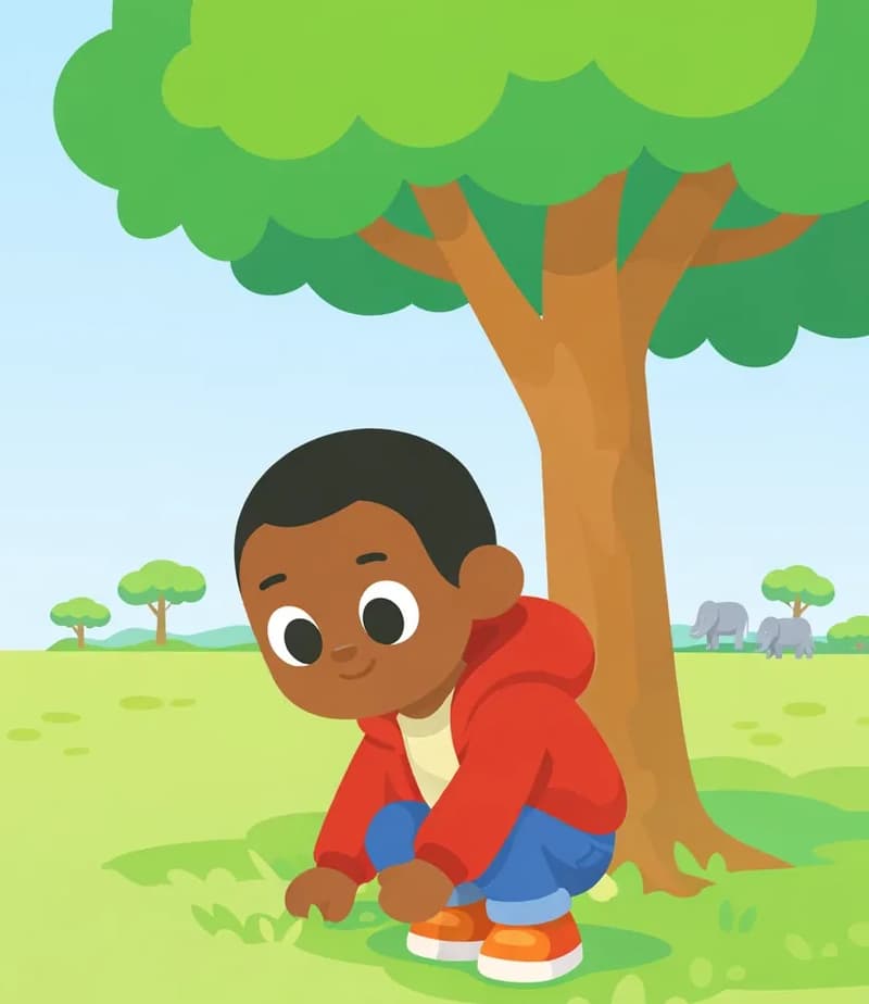 On the right side of the image, Brother crouches low on the ground beneath a large tree, facing toward the viewer at a three-quarter angle with a quiet, absorbed posture as if playing a game by himself — but something about the scene feels uneasy. A wide, open grassy plain stretches across the scene under a clear blue sky, with scattered trees visible in the far background. A small group of elephants is visible in the distant background on the right side of the plain. The left side of the image is open plain with no characters or detail.