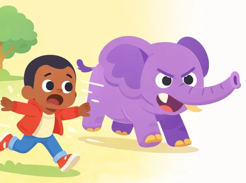 On the left side of the image, Brother is sprinting desperately with his arms outstretched, his body leaning forward in full flight, with a scared expression as he glances back. Just behind him, Mad Elephant charges aggressively with its trunk extended and head lowered, motion lines trailing behind it to convey speed. The scene is set outdoors in a park-like open area with a single tree on the far left and green grass underfoot, bathed in warm daylight with a soft yellow-toned background. The right side of the image is plain white background.