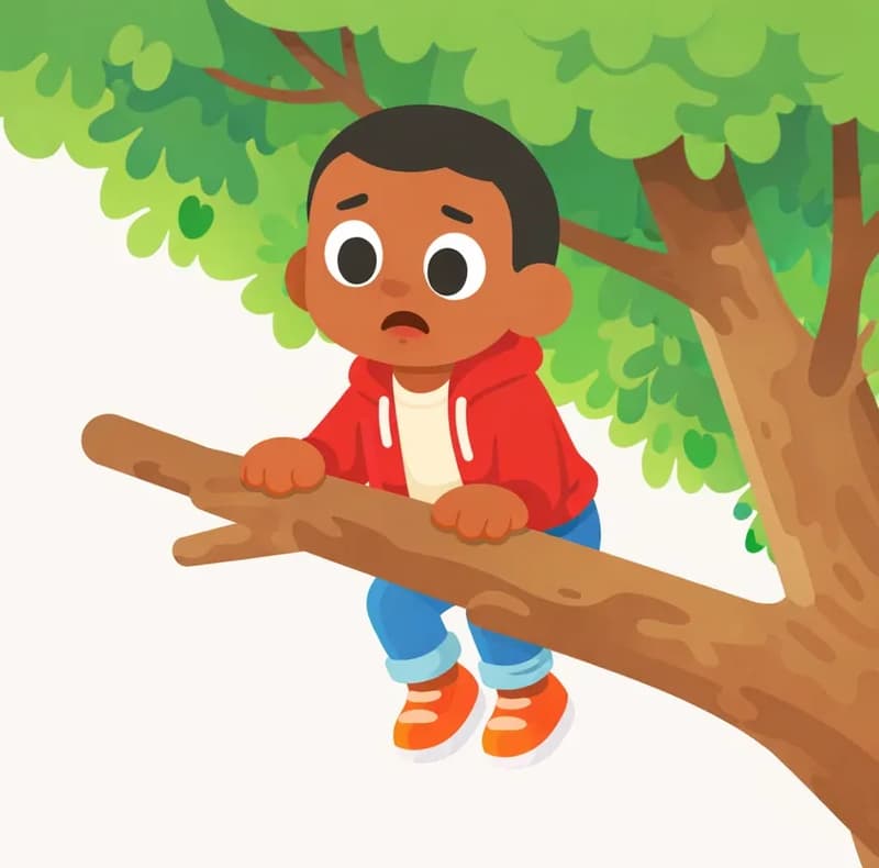 On the right side of the image, Brother is perched high up in a large leafy tree, sitting on a thick branch with both hands gripping the wood for balance. He has a worried, fearful expression on his face as he looks out cautiously. The tree's green canopy of leaves fills the upper-right corner, with branches extending across the top of the scene. The left side and lower portion of the image is open white background, providing space for text.